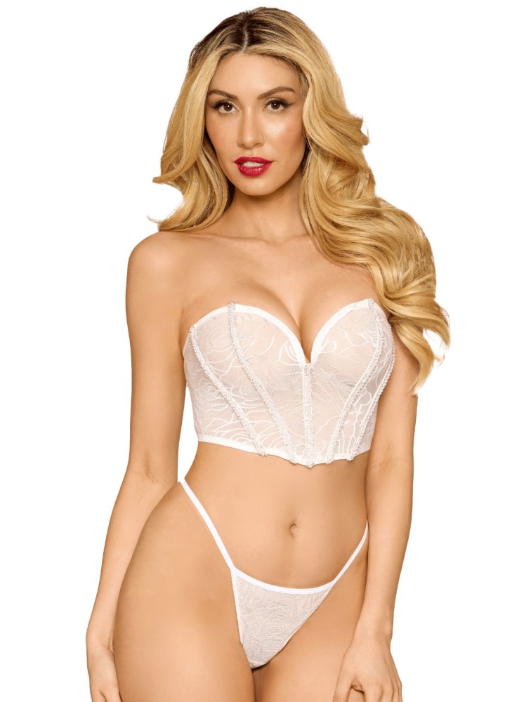 Bustier blanc avec perles et strass, bretelles transparentes amovibles - DG13669WHT